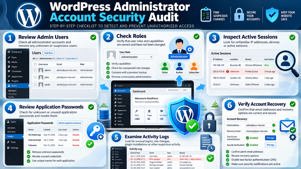 WordPress administrator security audit checklist for investigating account takeover after the Frontend Dashboard vulnerability.