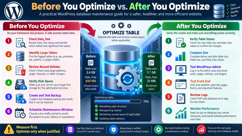 WordPress database maintenance checklist showing checks before and after table optimization.
