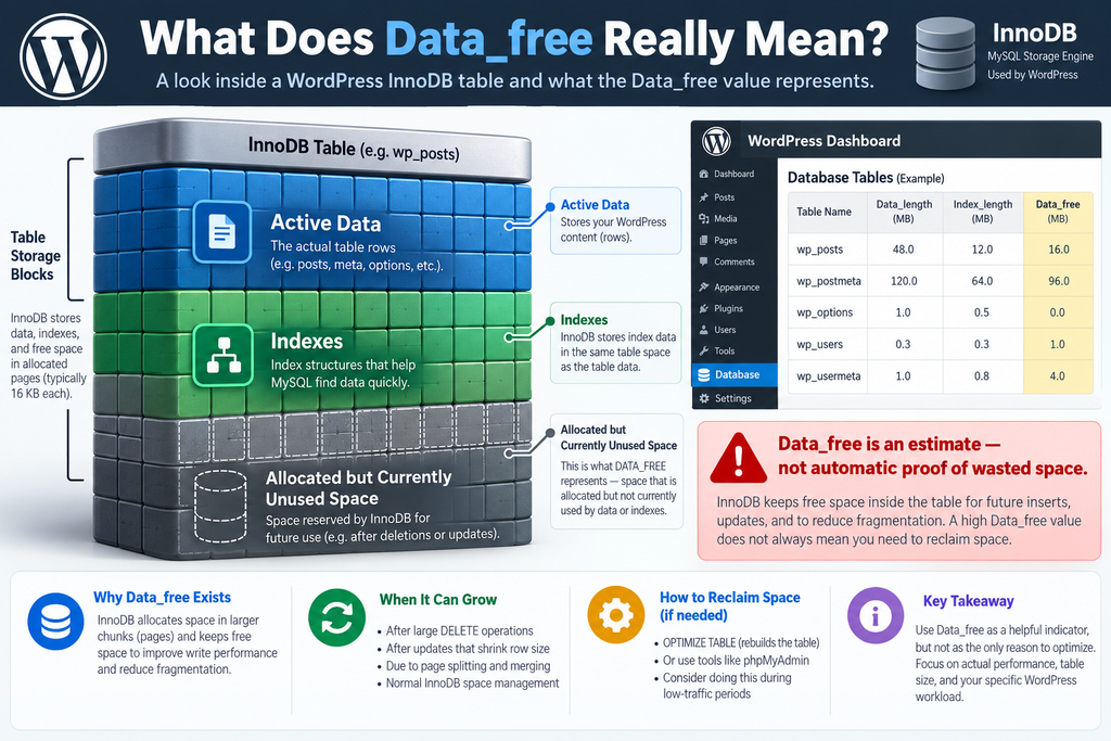WordPress database infographic explaining Data_free and allocated unused space in InnoDB tables.