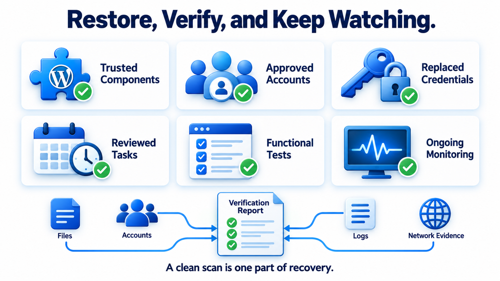 WordPress recovery checklist covering trusted files, approved accounts, credential changes, testing, and monitoring.
