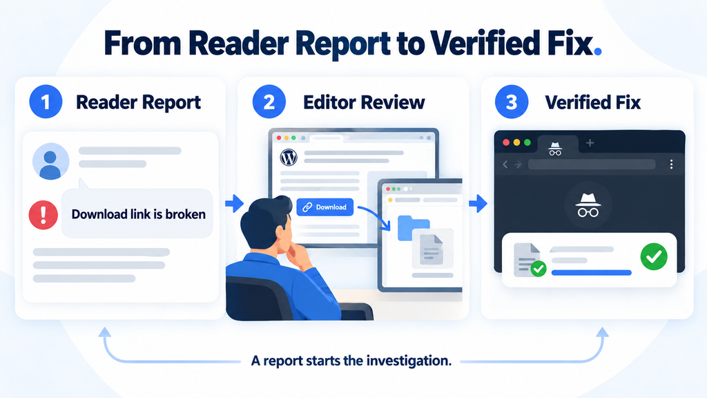 Three-stage workflow showing a reader report, an editor investigating the article, and verification of a corrected download link.