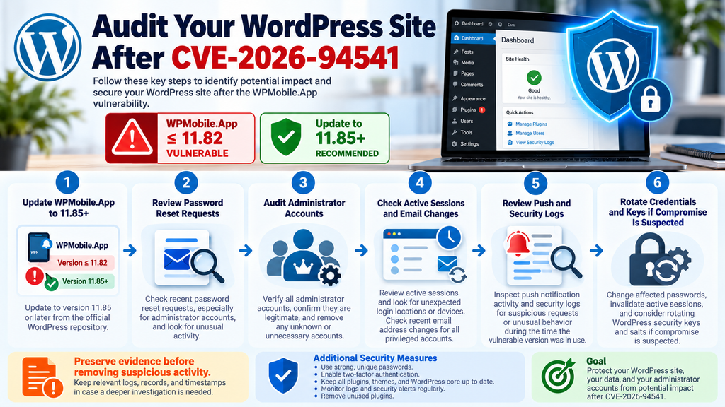 Defensive WordPress incident response checklist for auditing a website after exposure to the WPMobile.App CVE-2026-94541 vulnerability.