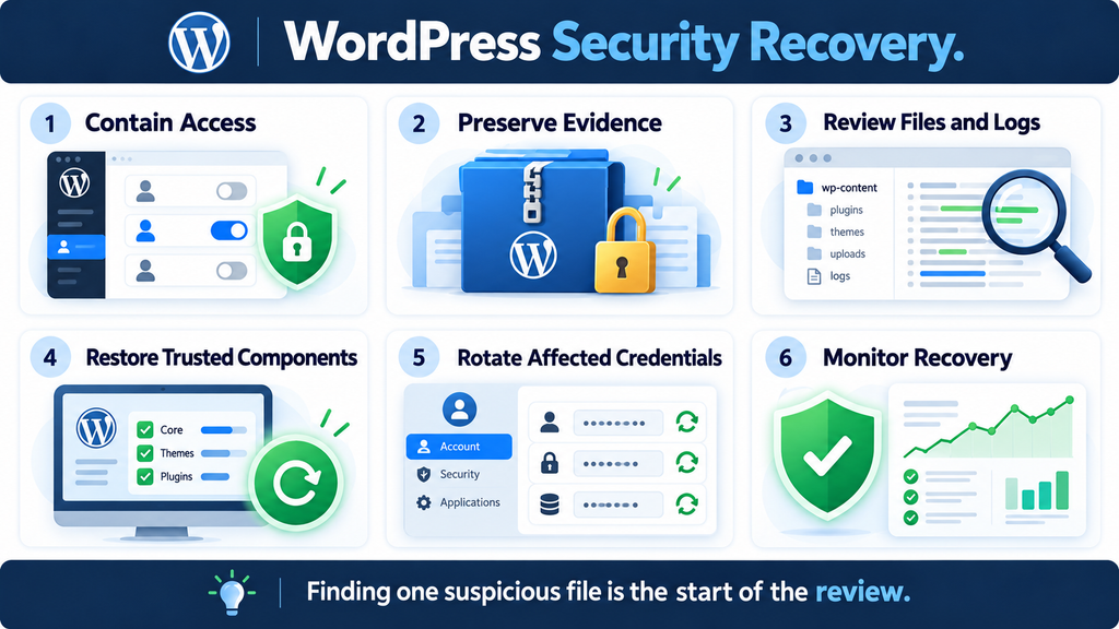 Six practical stages for investigating and recovering a potentially compromised WordPress website.