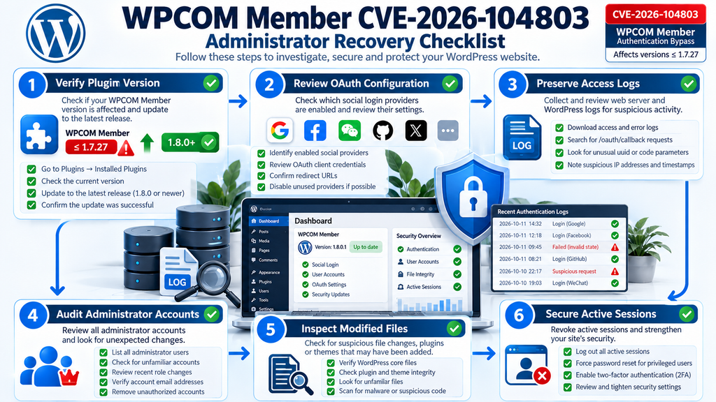 Six-step WordPress security checklist for investigating WPCOM Member social login authentication bypass and protecting administrator accounts.