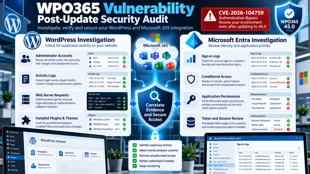 WPO365 vulnerability investigation showing WordPress audit logs, Microsoft Entra sign-in records, and administrator security checks.