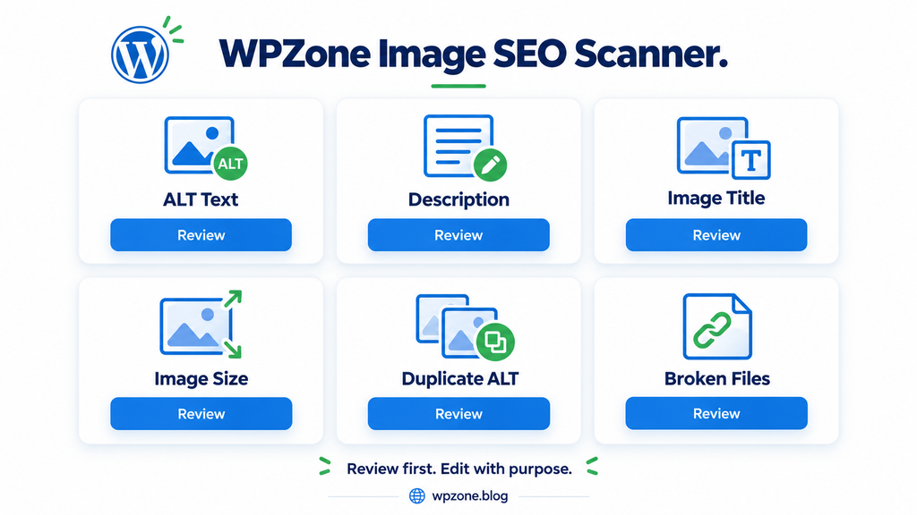 Overview of the six image review tools in WPZone Image SEO Scanner.