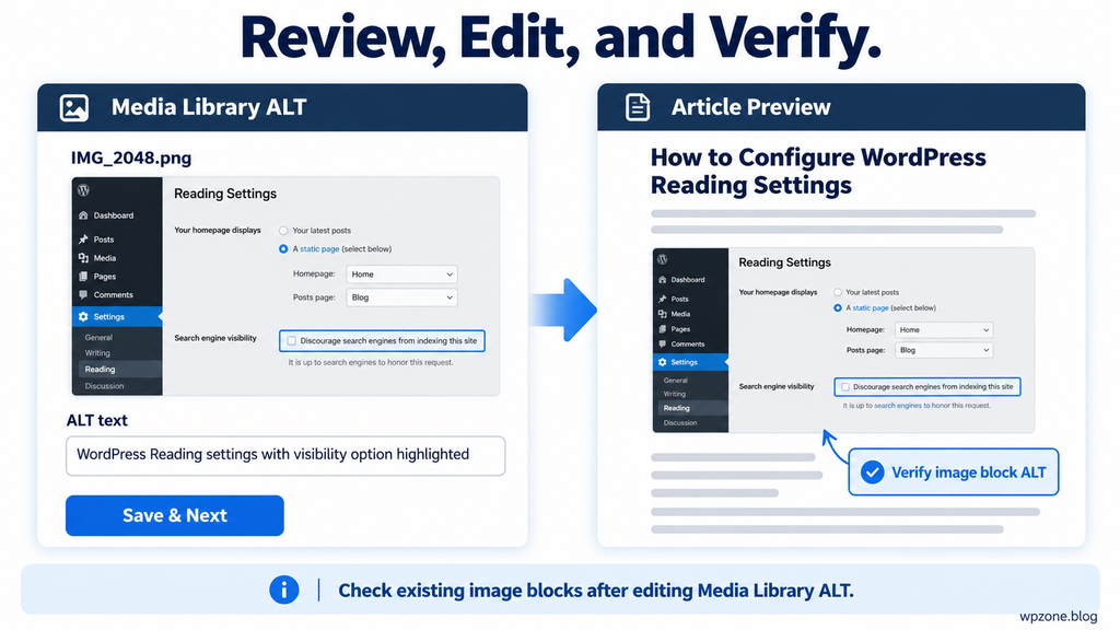 Editing an image ALT field and checking the same image in a WordPress article.