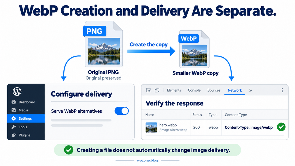 Original image and WebP sidecar with separate delivery configuration and browser verification steps.