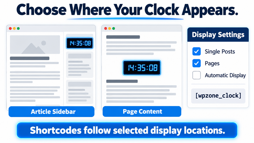 Manual and sidebar clock placement explained alongside WPZone Neon Clock display settings.