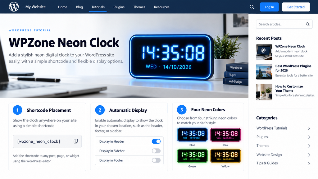WPZone Neon Clock displayed on a WordPress technology blog with blue neon digits.