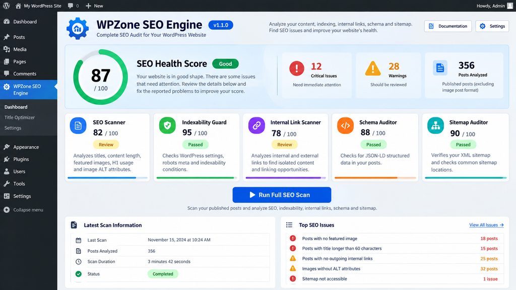 How WPZone SEO Engine scans WordPress websites for SEO issues