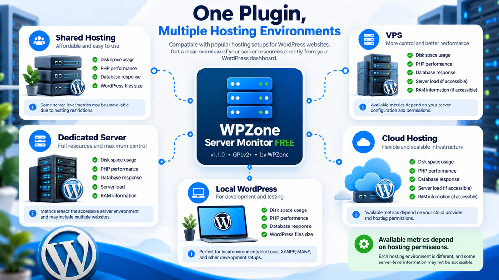 WordPress Hosting Compatibility Infographic - WPZone Server Monitor FREE compatibility with shared hosting, VPS, dedicated servers, cloud hosting, and local WordPress installations.