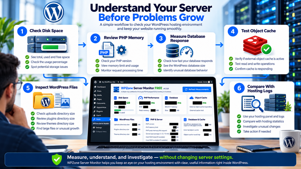 WordPress server health monitoring workflow showing disk space, PHP memory, database performance, object cache, and hosting diagnostics.