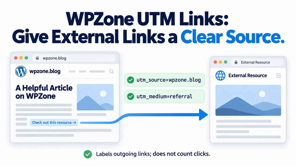 WPZone UTM Links adding source and medium parameters to an external WordPress article link.