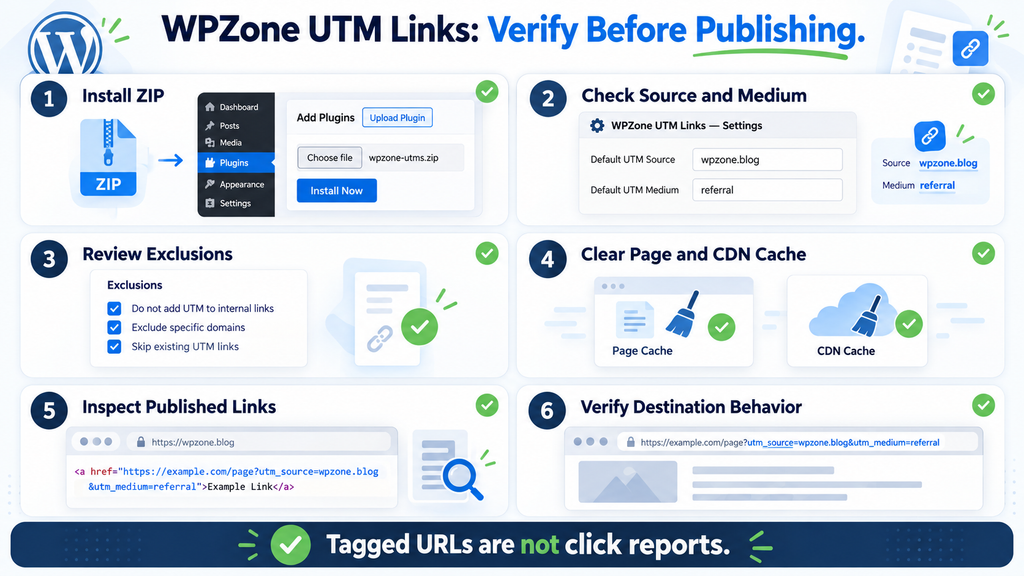 Checklist for installing WPZone UTM Links, reviewing exclusions, clearing caches, and verifying public link destinations.