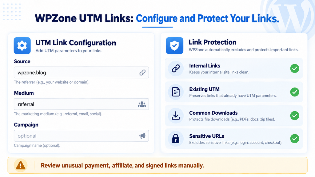 WPZone UTM Links settings and protections for internal, tagged, download, and sensitive URLs.