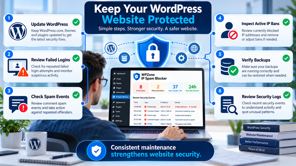 Six-step WordPress security maintenance workflow covering updates, login monitoring, spam events, IP bans, backups, and security logs.